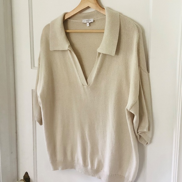 J. Society Women's Sz L Oatmeal 100% Cotton v-neck polo top oversized preppy - Picture 2 of 9
